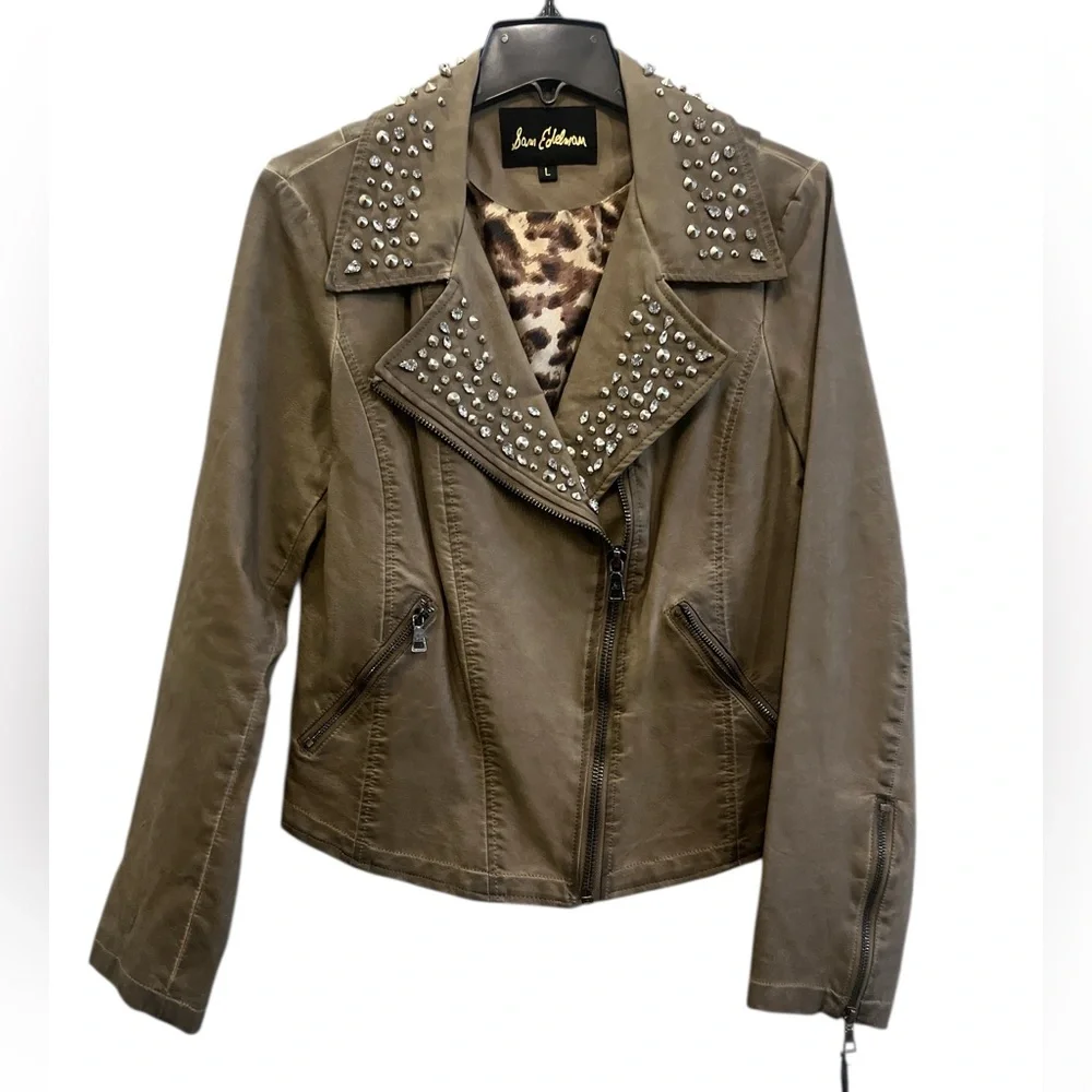 Sam Edelman Studded Distressed Tan/Brown Moto Jacket With Leopard Print Lining